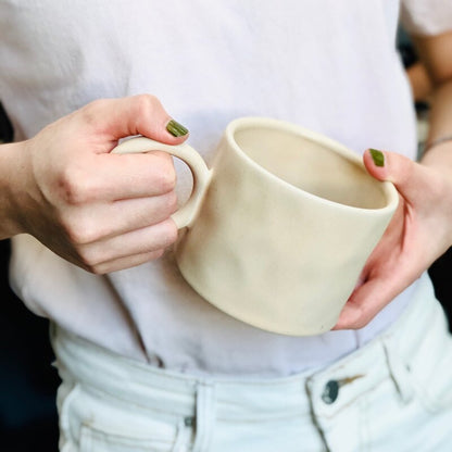 Coffee mug with large handle, Blue/white ceramic mug with dots, hand creased milk mug