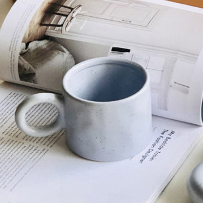 Coffee mug with large handle, Blue/white ceramic mug with dots, hand creased milk mug